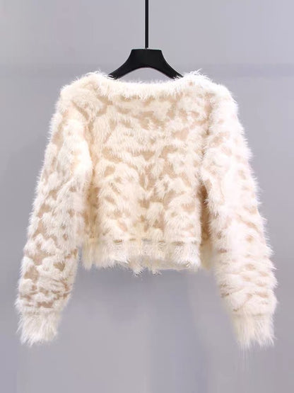 Xiaoxiangfeng Mink Velvet Leopard Print Sweater Jacket Women's Autumn and Winter 2023 New High-end and Western Style Short Knitted Cardigan