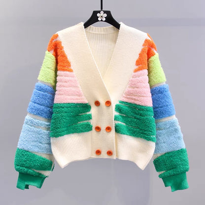 Contrast color V-neck double-breasted sweater jacket for women autumn and winter 2023 new loose lazy style high-end knitted cardigan