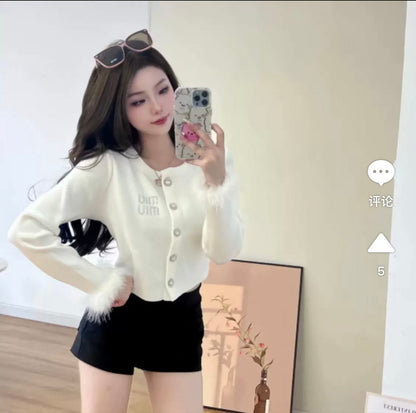 Buyer store 2023 autumn design niche furry sleeve knitted cardigan, feminine, gentle, sweet and versatile sweater T9794 a