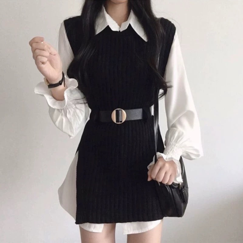 Korean chic versatile lapel mid-length shirt skirt + lace-up