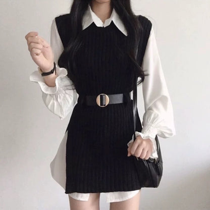 Korean chic versatile lapel mid-length shirt skirt + lace-up waist irregular knitted vest two-piece set for women