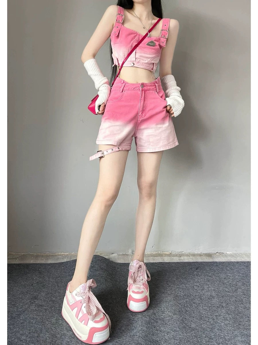 Sweet Cool Hot Girl Fashion Suit Women's Summer Dopamine Pink Denim Sh –  Lee Nhi Boutique