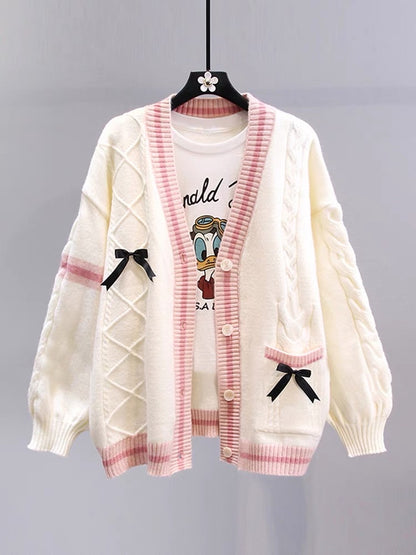 Japanese bowknot sweater coat women autumn and winter 2023 new loose lazy style design sense age-reducing knitted cardigan