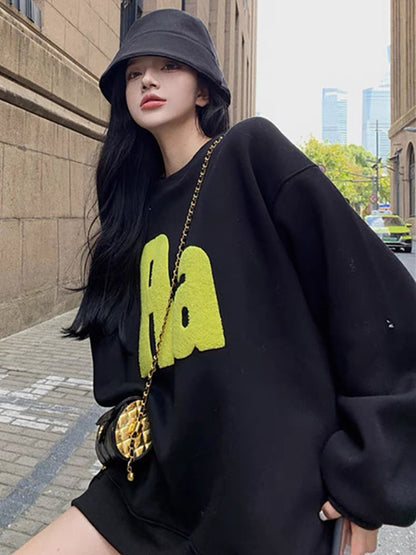 Fashion casual letter loose sweatshirt for women 2023 autumn and winter velvet thickening slightly fat wear mid-length top ins