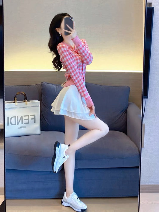 Knitted Cardigan Women's Early Autumn 2023 New Women's Top Small Slim Pink Plaid Short Jacket Sweater (S4447)