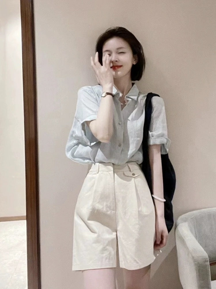 Summer fashion set of temperament shirt top shorts two-piece casual suit female 2023 new small man