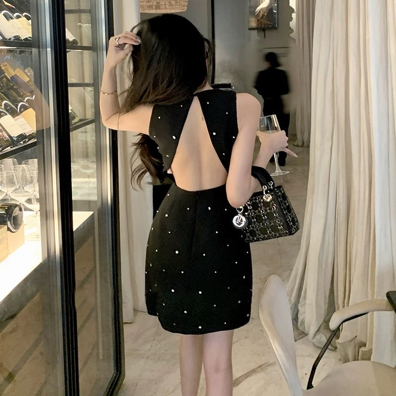 FFmiss Celebrity Style Black Nail Beads Backless Diamond Dress Summer Heavy Industry Nail Diamond Waist Waist Vacation Little Black Dress