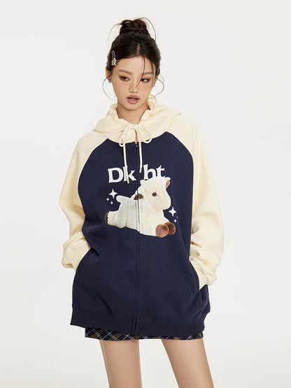 Sanowers cartoon cute lamb print cardigan hooded sweatshirt autumn loose couple raglan sleeve hoodie jacket (S0662)