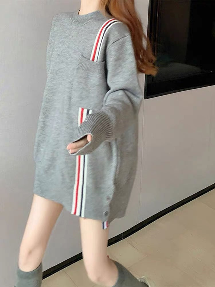 Women's large size lazy style striped outer sweater Korean style loose fashion trendy sweater gray top for women T3459