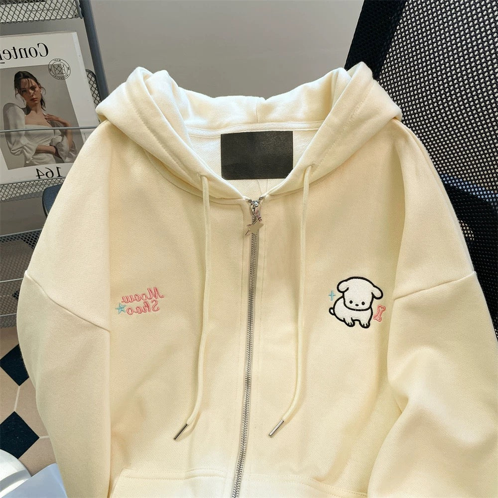 High-end and beautiful dog embroidered hooded sweatshirt for men and women in spring and autumn, Japanese style, soft girl, cute jacket and cardigan