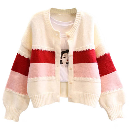 Small fresh contrasting color striped sweater jacket for women autumn and winter 2023 new Japanese style sweet loose outer knitted cardigan