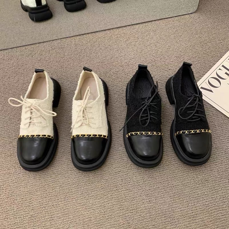 French-style small fragrant style loafers thick-soled thick-heeled lace-up small leather shoes 2022 autumn and winter new women's shoes British single shoes