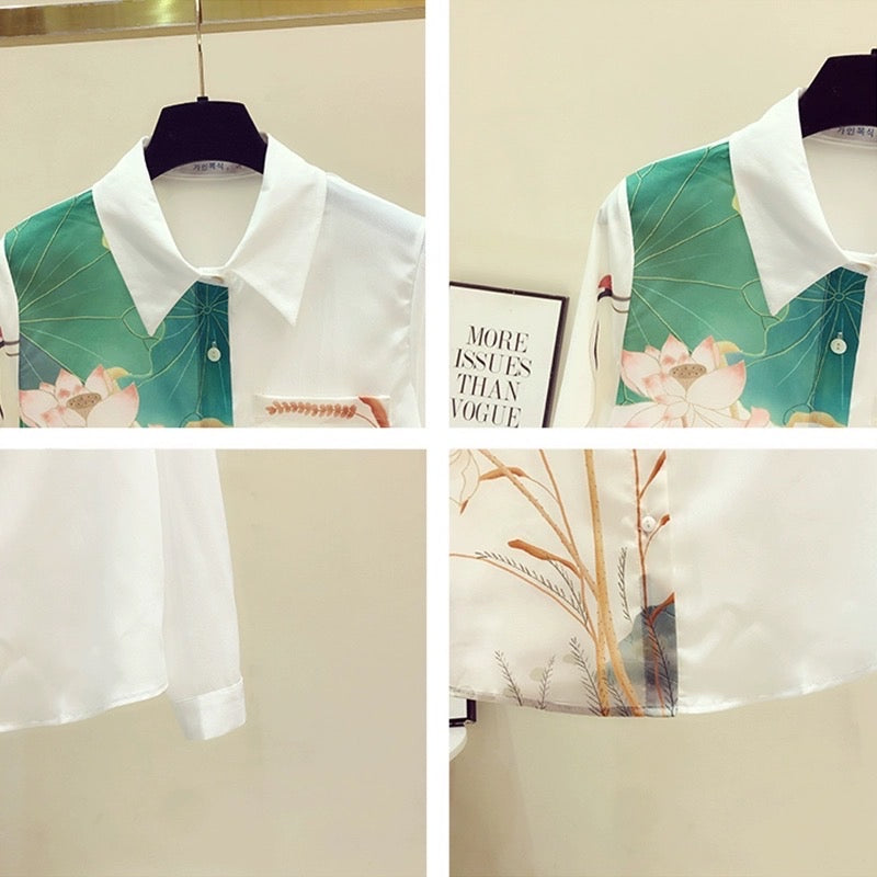 High-end national style printed white shirt female temperament fashion foreign style chiffon long-sleeved top spring and autumn design sense niche