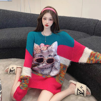 European long-sleeved sweater for women, thickened new style, loose Korean version, heavy industry cat print, mid-length large size sweater T3440