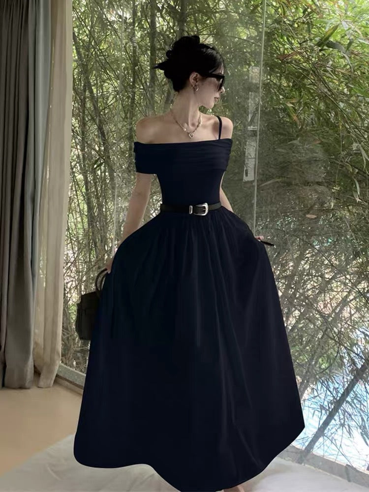 French Hepburn style white temperament high-level one-shoulder suspender dress women's summer waist slimming long skirt