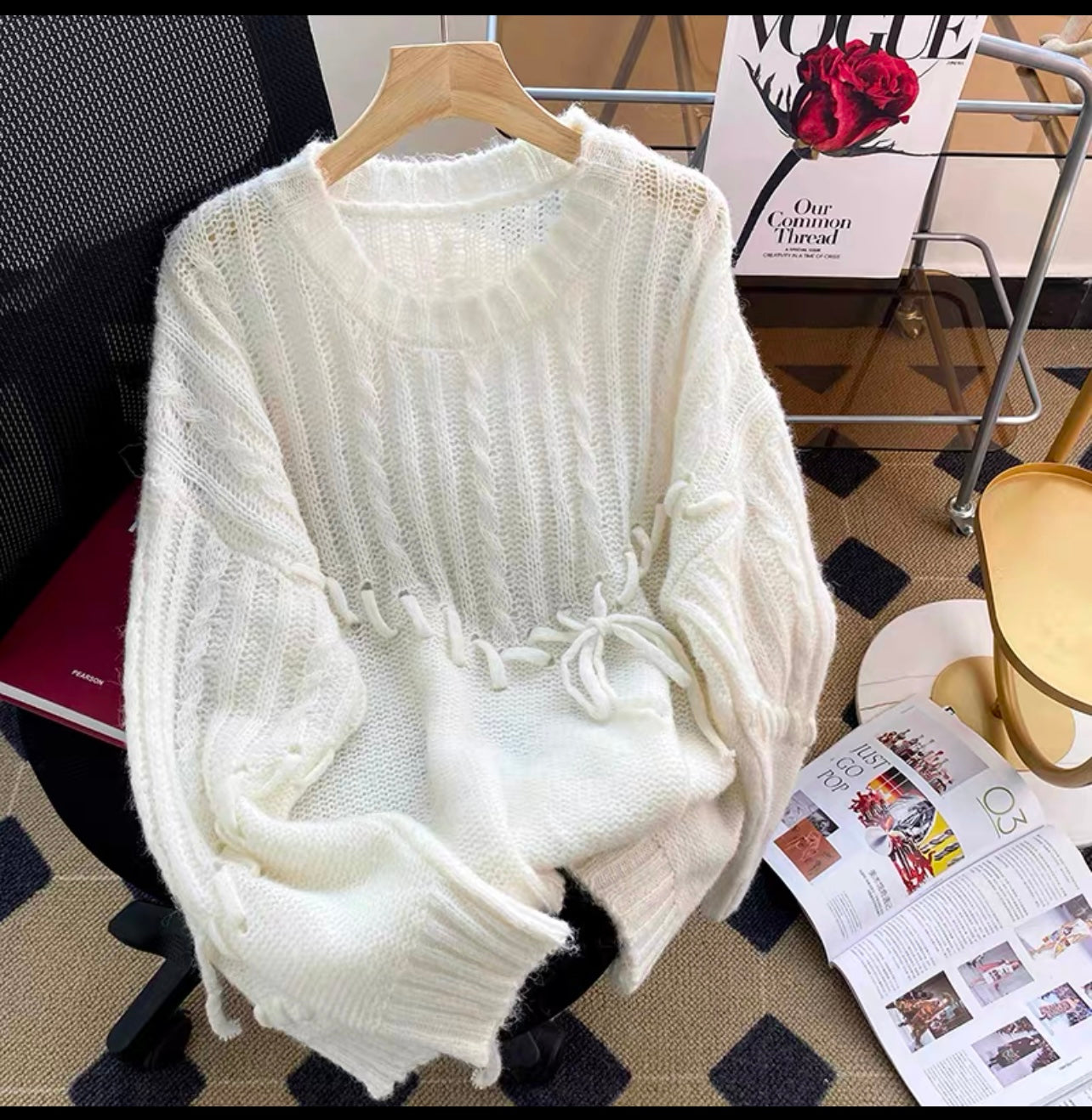 Designed lace-up thin pullover sweater for women in early autumn 2022 new Japanese style loose lazy style hollow sweater