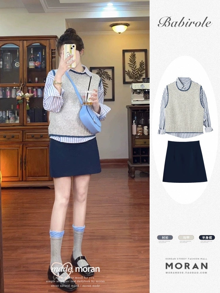 Autumn outfit with a whole set of small preppy sweater vest shirt layered skirt two or three pieces suit female