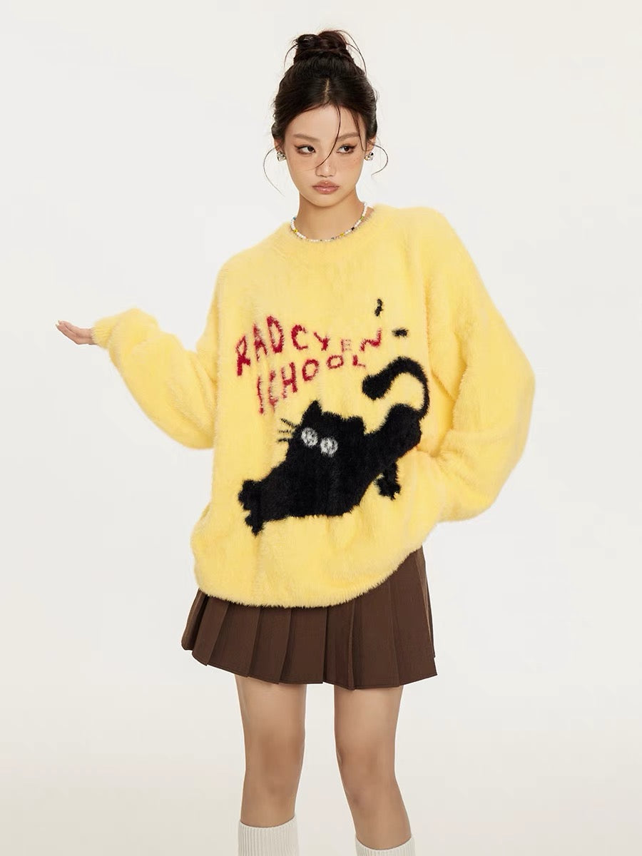 Sanowers American retro flocked cat print sweater women's autumn loose lazy style couple sweater top (S0661)