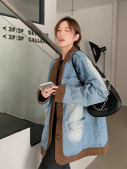 American retro corduroy stitching suit denim jacket female spring and autumn high-quality loose bf lazy silhouette top