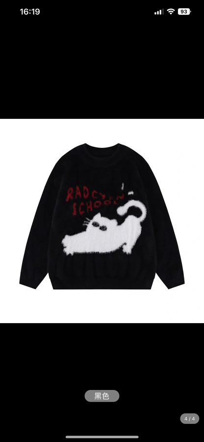 Sanowers American retro flocked cat print sweater women's autumn loose lazy style couple sweater top (S0661)