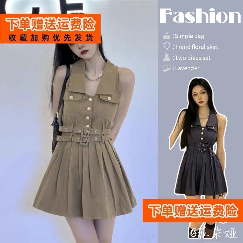 Khaki retro tooling waistline slim short denim pleated dress hot girl light mature new female summer