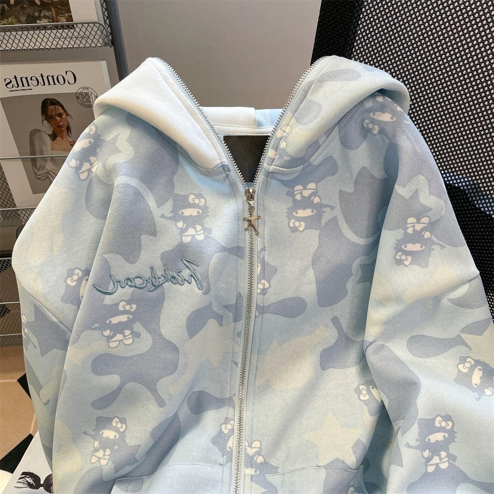 High-end and beautiful sweet and cool camouflage Hello Kitty sweater for men and women in spring and autumn Hong Kong style American style small cardigan jacket