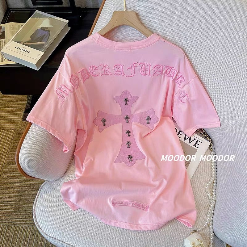 Pink short-sleeved top women's summer new cross embroidery spelling letters round neck loose slimming fragrance trendy