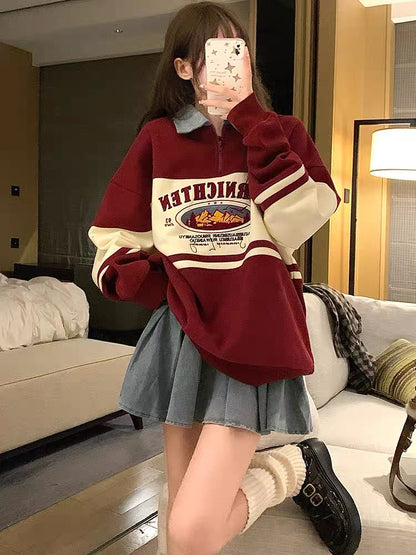 DOPS early autumn new American retro POLO collar loose color matching couple sweatshirt women's long-sleeved top