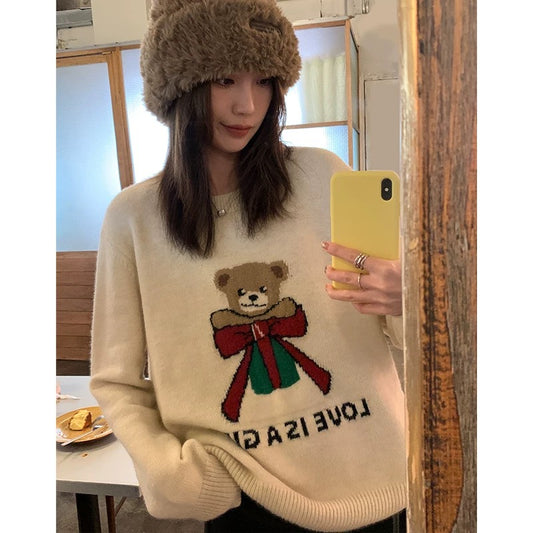 Ayi cute bear embroidered sweater for women spring and autumn loose thick lazy style Christmas style gentle knitted top