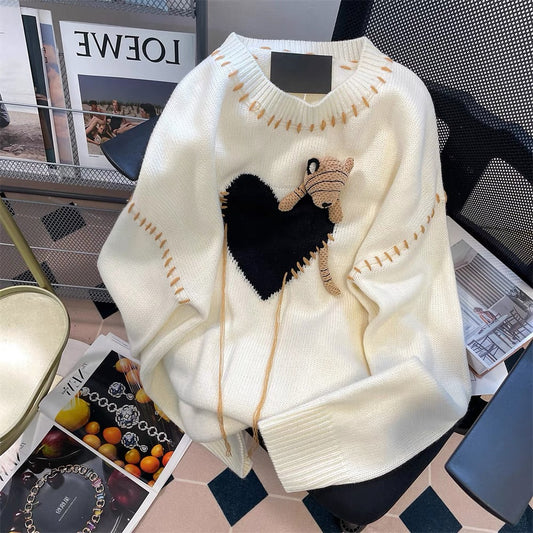 Milky and gentle style unique three-dimensional bear love sweater men and women loose design niche soft and glutinous knitted top