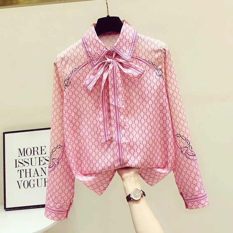 Temperament high-grade silk flower shirt female bow streamer foreign style top spring and autumn 2023 new design sense shirtq