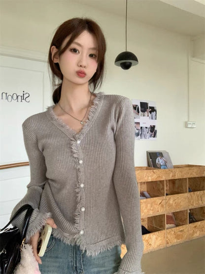 Korean style gentle style V-neck tassel pink knitted cardigan for women autumn 2023 new slim slim personalized top A2233