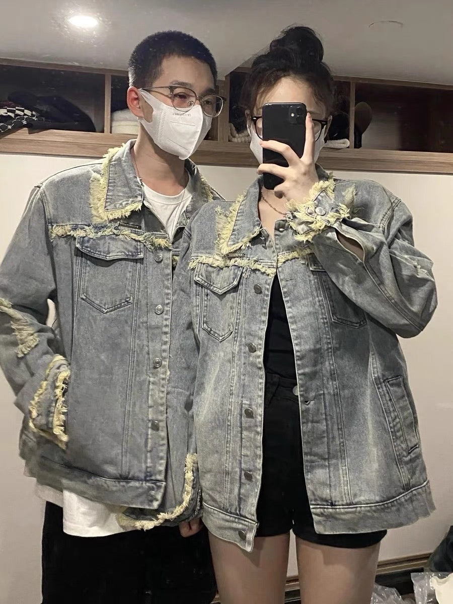 Retro high street washed old ripped denim jacket men's spring and autumn American style oversize tooling couple jacket tide