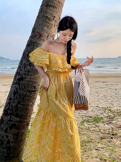 French hollow one-shoulder tube top dress female summer high-end sexy backless beach seaside holiday long skirt