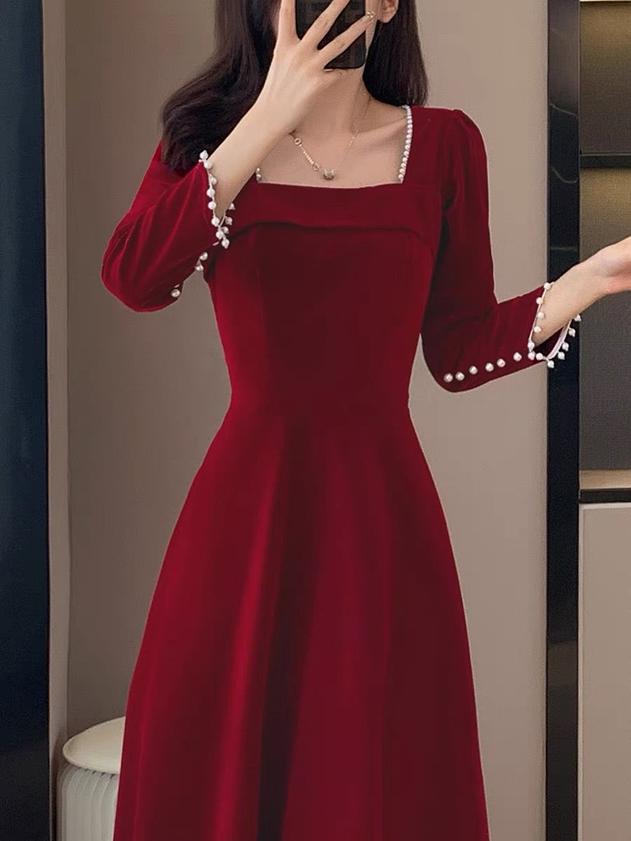 Autumn and winter retro temperament elegant slim velvet long skirt high-end  engagement home red mini dress