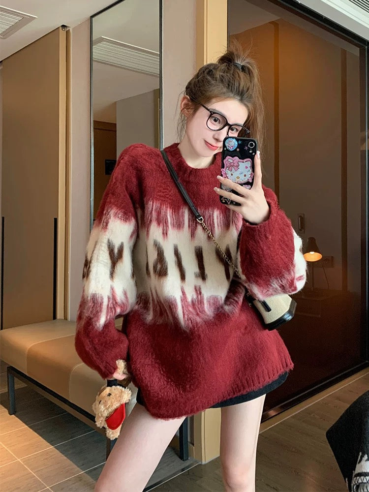 Red sweater women's autumn and winter 2023 new zodiac year Christmas loose lazy style thickened bottoming shirt knitted top