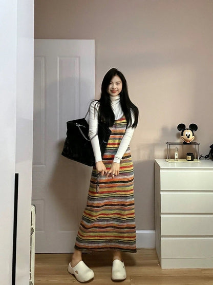 Rainbow striped knitted sweater suspender skirt autumn and winter new women's high-necked bottoming shirt dress two-piece suit