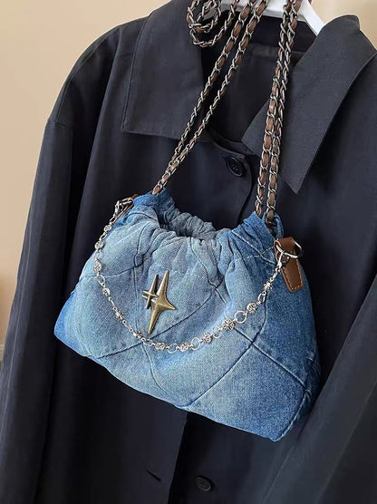 Zuo sister-in-law's denim canvas bag women's single shoulder tote bag crescent bag niche design texture ins Korean version underarm bag