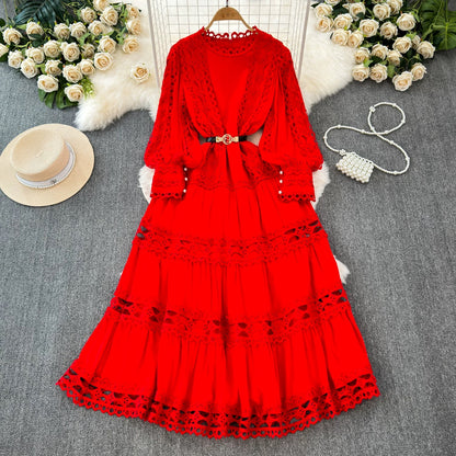 Palace style dress spring dress for women heavy hollow lace splicing slim fit long French puff sleeve high-end dress