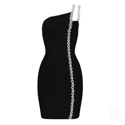 Spice girl French high-end sexy oblique off-shoulder suspender dress female summer Hepburn style black slim fit slim bag hip skirt