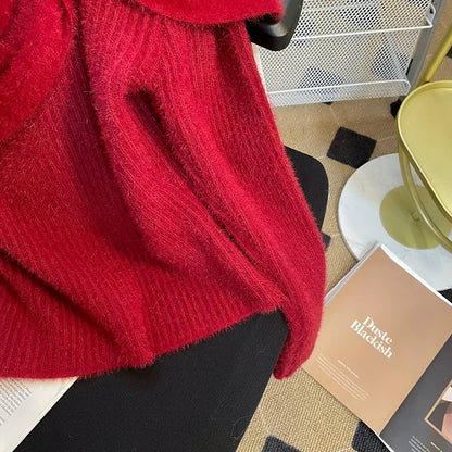 Soft waxy bow knitted sweater for women 2023 new autumn red slim fit and versatile one-shoulder long-sleeved sweater top