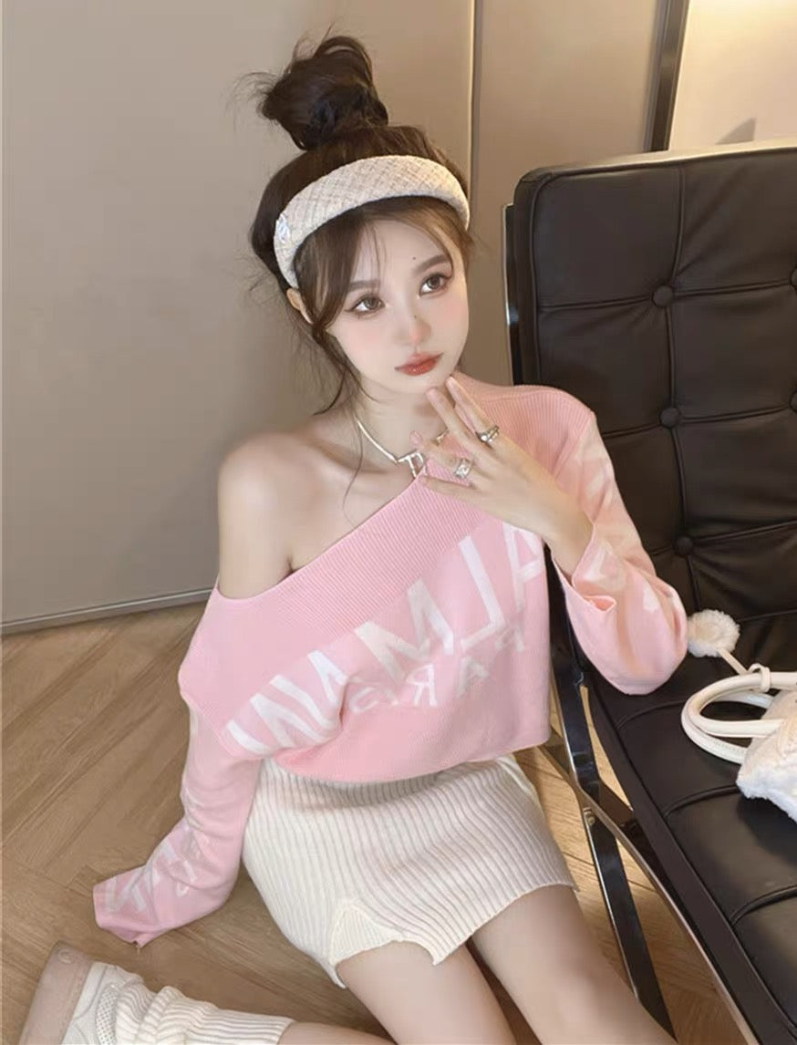 Pink soft waxy lazy sweater women's autumn and winter pure desire hot girl one-shoulder top design sense niche knitted bottoming shirt