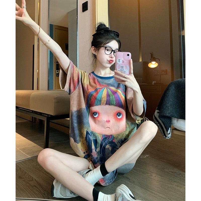 Tie-dye fun girl short-sleeved t-shirt female summer design sense niche American tide brand loose large half-sleeved top