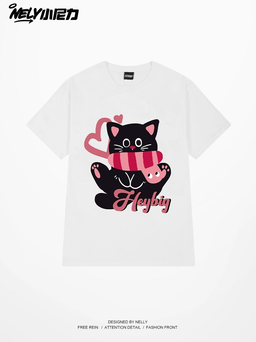 Nely American high street fashion brand cat print short-sleeved T-shirt for men and women retro loose trendy heavyweight T-shirt