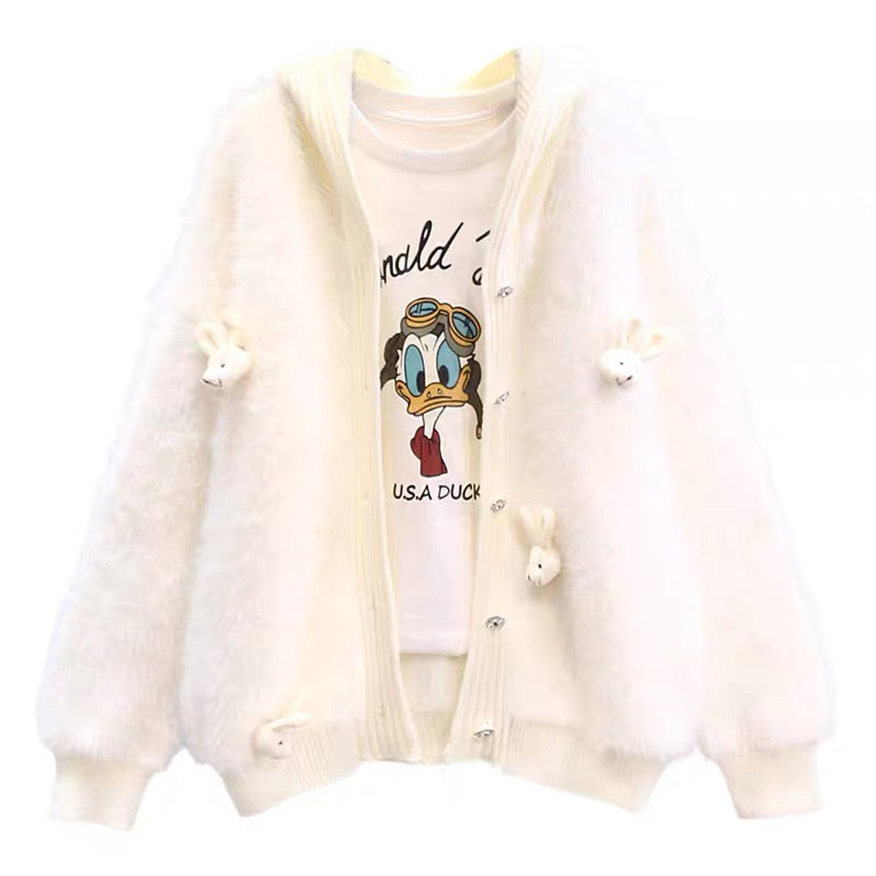 Japanese cartoon imitation mink hooded sweater jacket for women autumn and winter 2023 new loose design knitted cardigan (S3337)