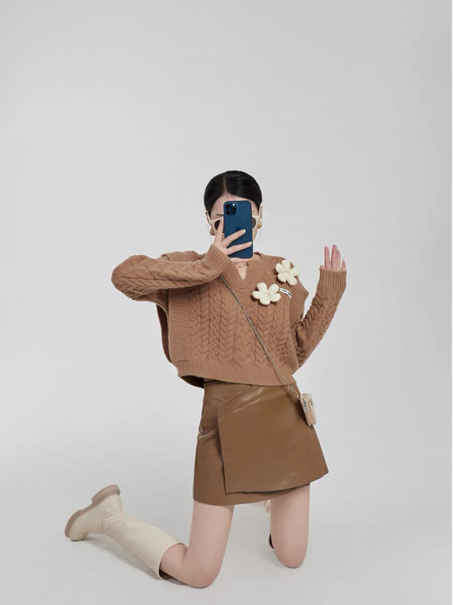 LLL LAB/French salt top brown three-dimensional flower design short sweater oversize lazy style (S0601)