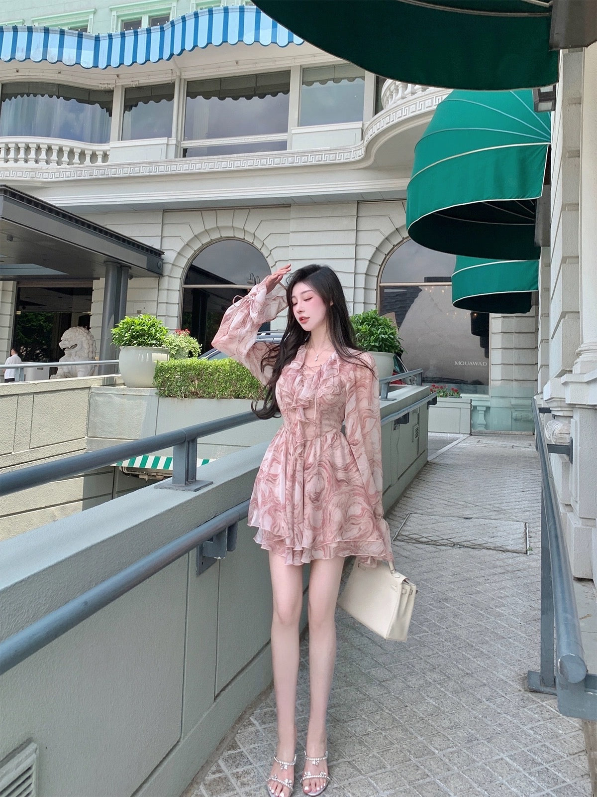 Hotdog hot dog is very spicy [original style, fog, smoke, cloud, marble pattern] women's ruffled dress