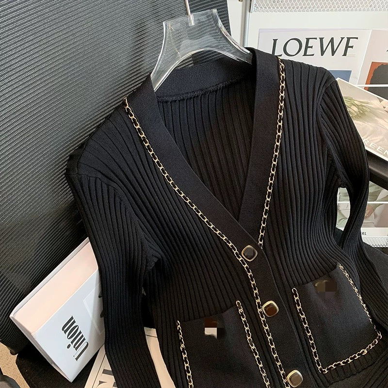 Early autumn new temperament small fragrance style sweater top V-neck metal chain slim slim long-sleeved cardigan jacket trendy