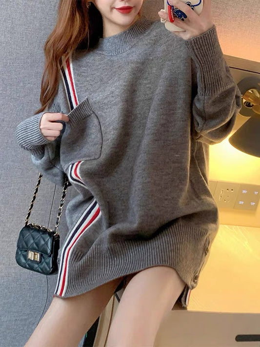 Women's large size lazy style striped outer sweater Korean style loose fashion trendy sweater gray top for women T3459