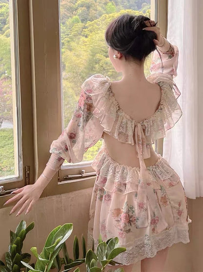 French niche tea break beautiful high-end sexy backless sweet and spicy Thai seaside holiday floral dress female spring and autumn